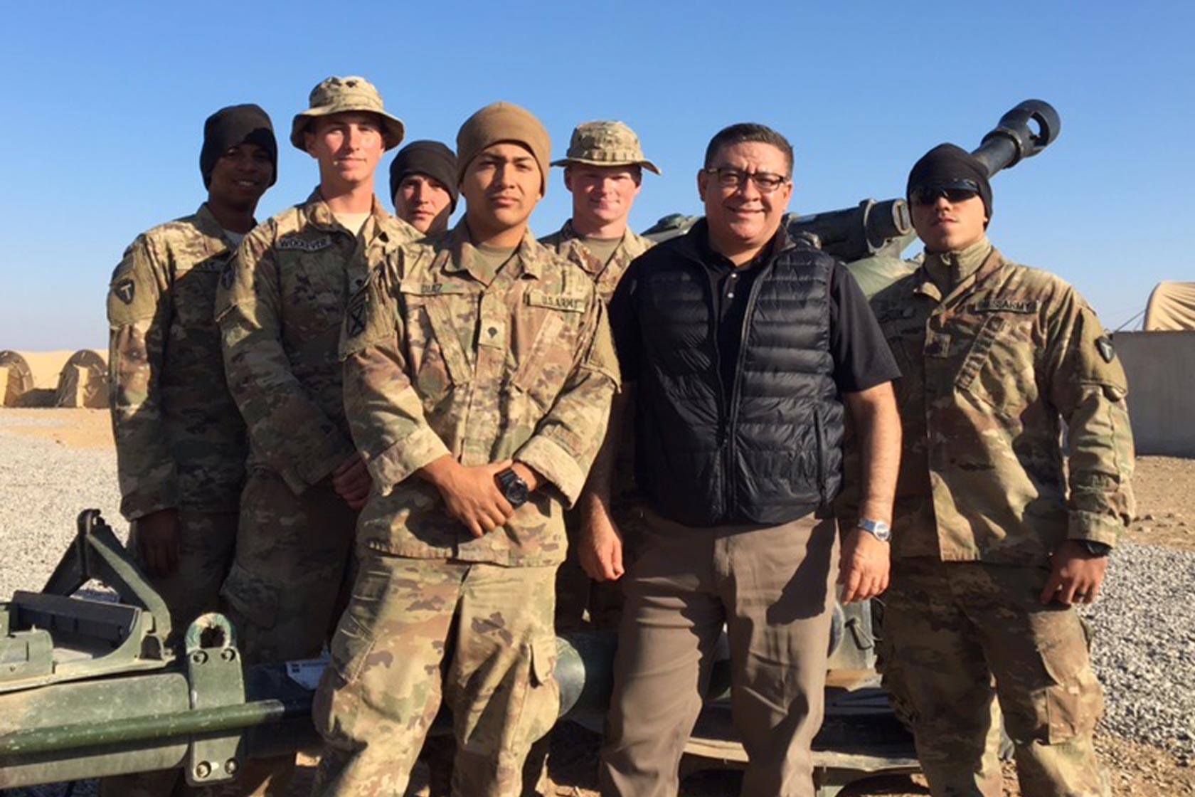 Salud Carbajal ’90 with troops outside Baghdad, Iraq, Christmas Day 2017. Photo: Office of Congressman Carbajal